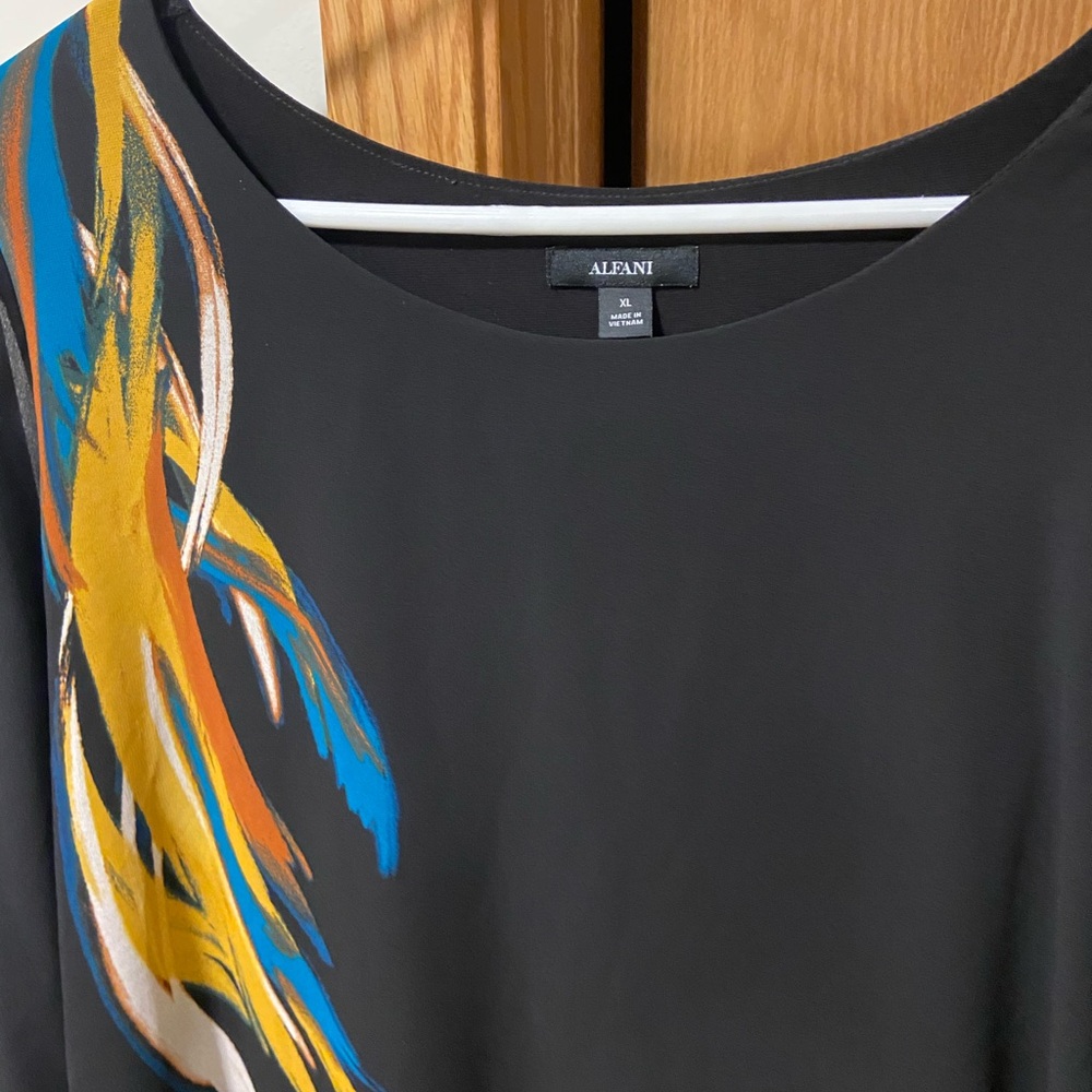 Alfani Black Top with Blue and Yellow Accents